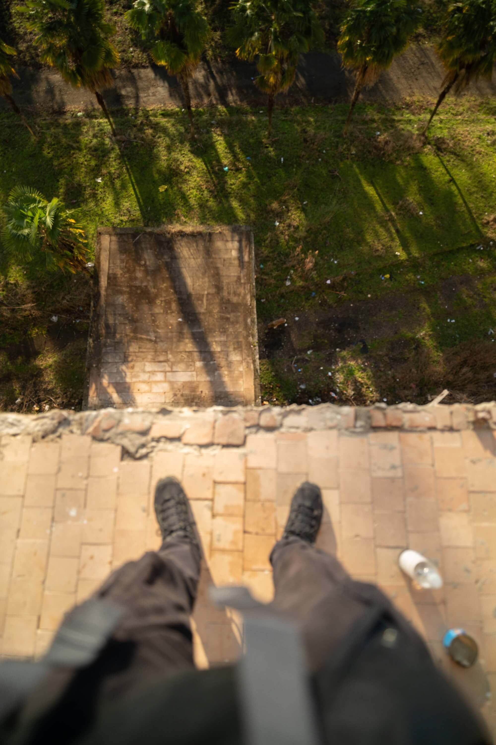 A pair of black shoes standing on a rooftop edge, looking down at a flat concrete surface and green surroundings with palm trees. There are scattered items visible on the ground.