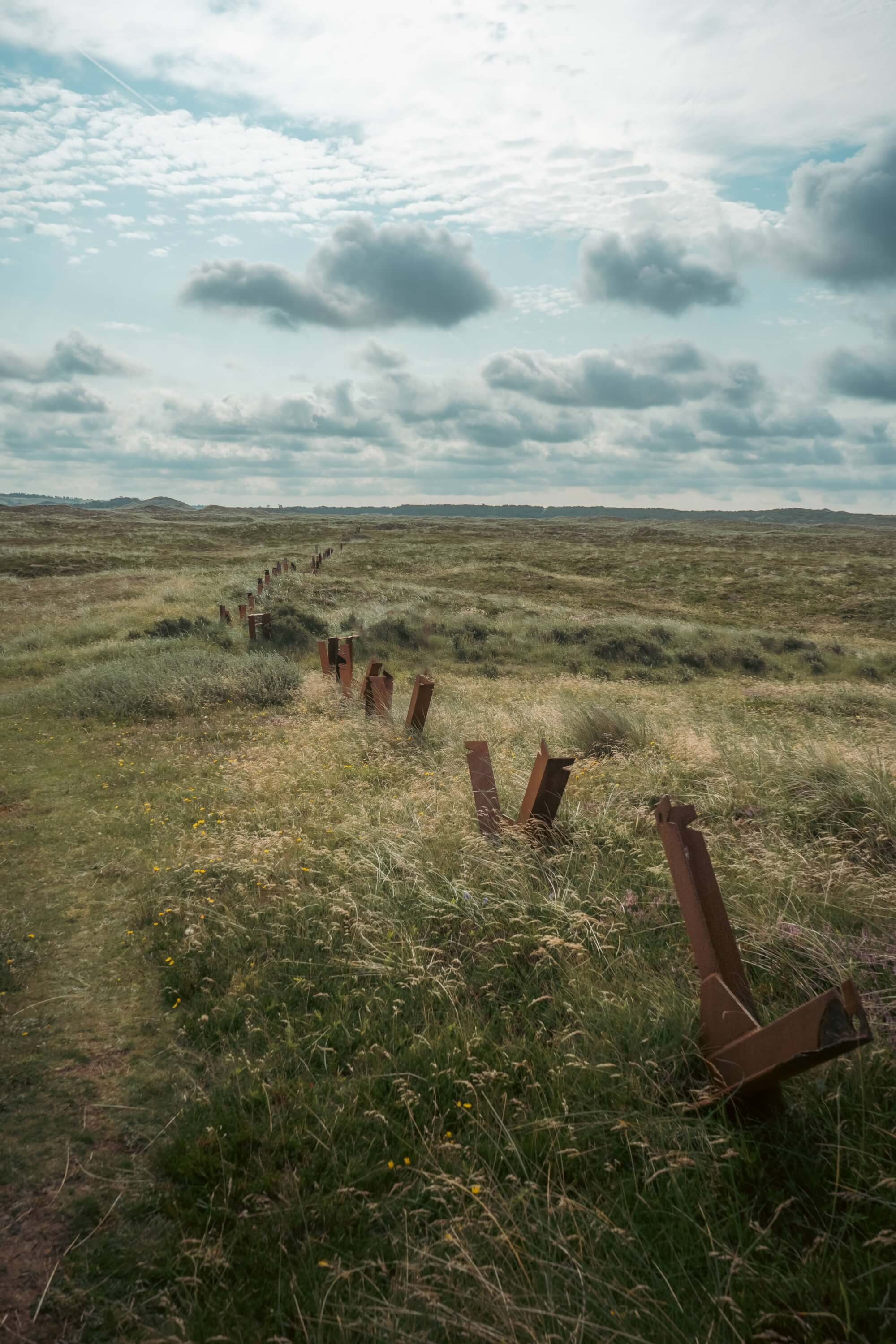 A grassy landscape with a winding path lined by rusty metal remnants under a cloudy sky.