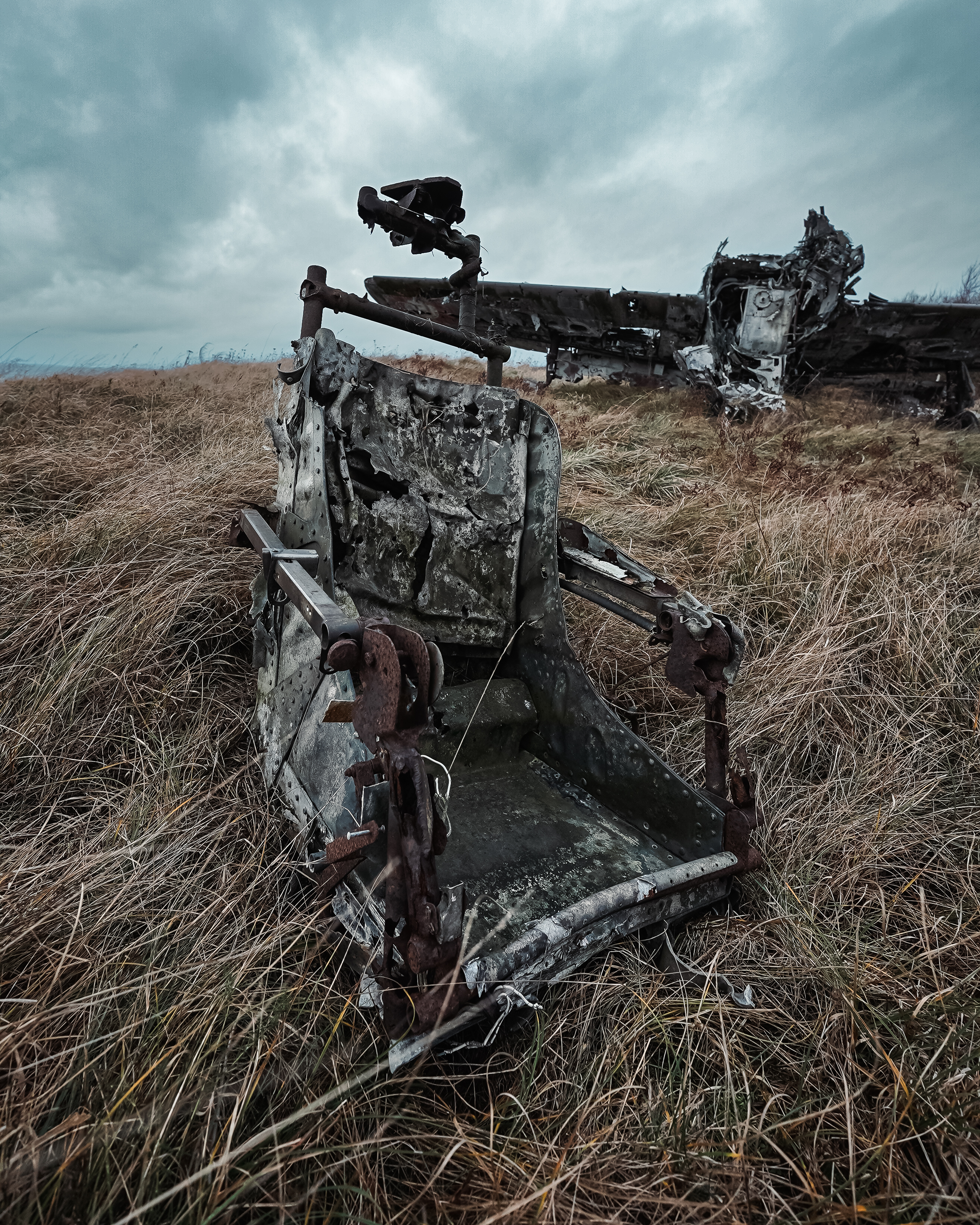 A rusted aircraft seat partially covered by tall grass under a cloudy sky, with wreckage of a plane visible in the background.