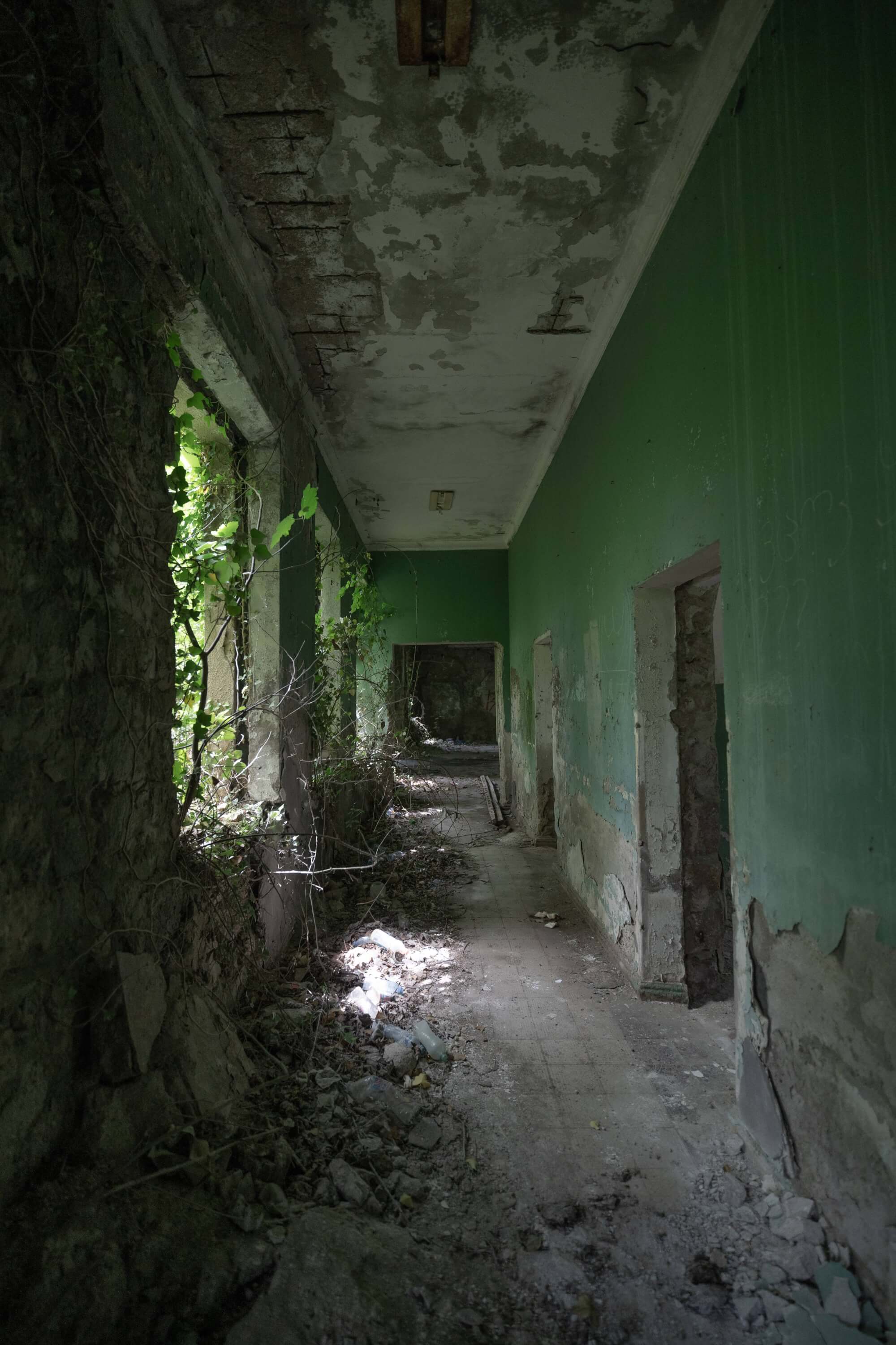 A narrow, abandoned corridor with green peeling walls, broken windows partially covered in vines, and a floor strewn with debris and leaves.