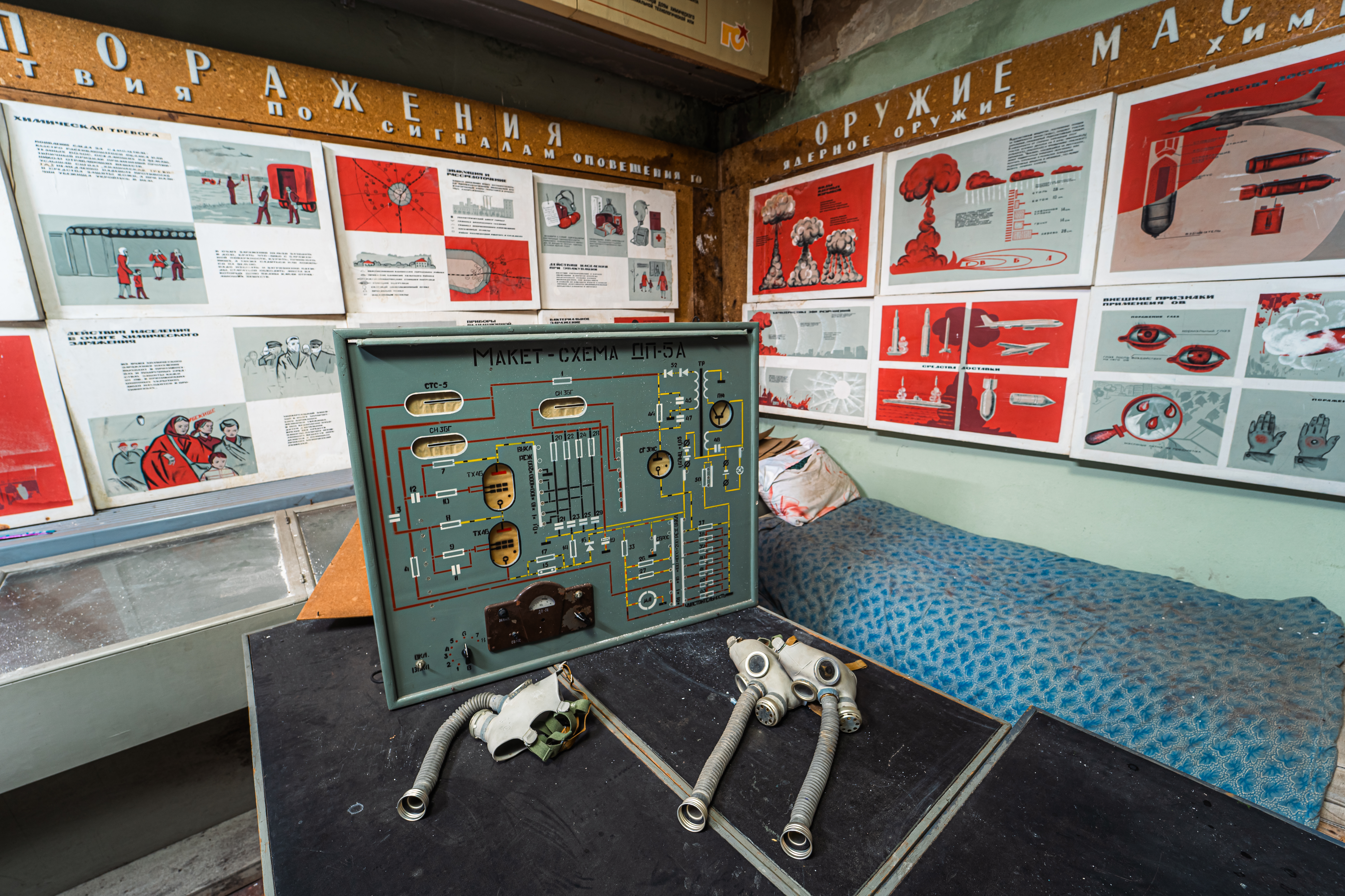 An abandoned room with a schematic board and gas masks on a table, surrounded by colorful posters related to weaponry and safety.