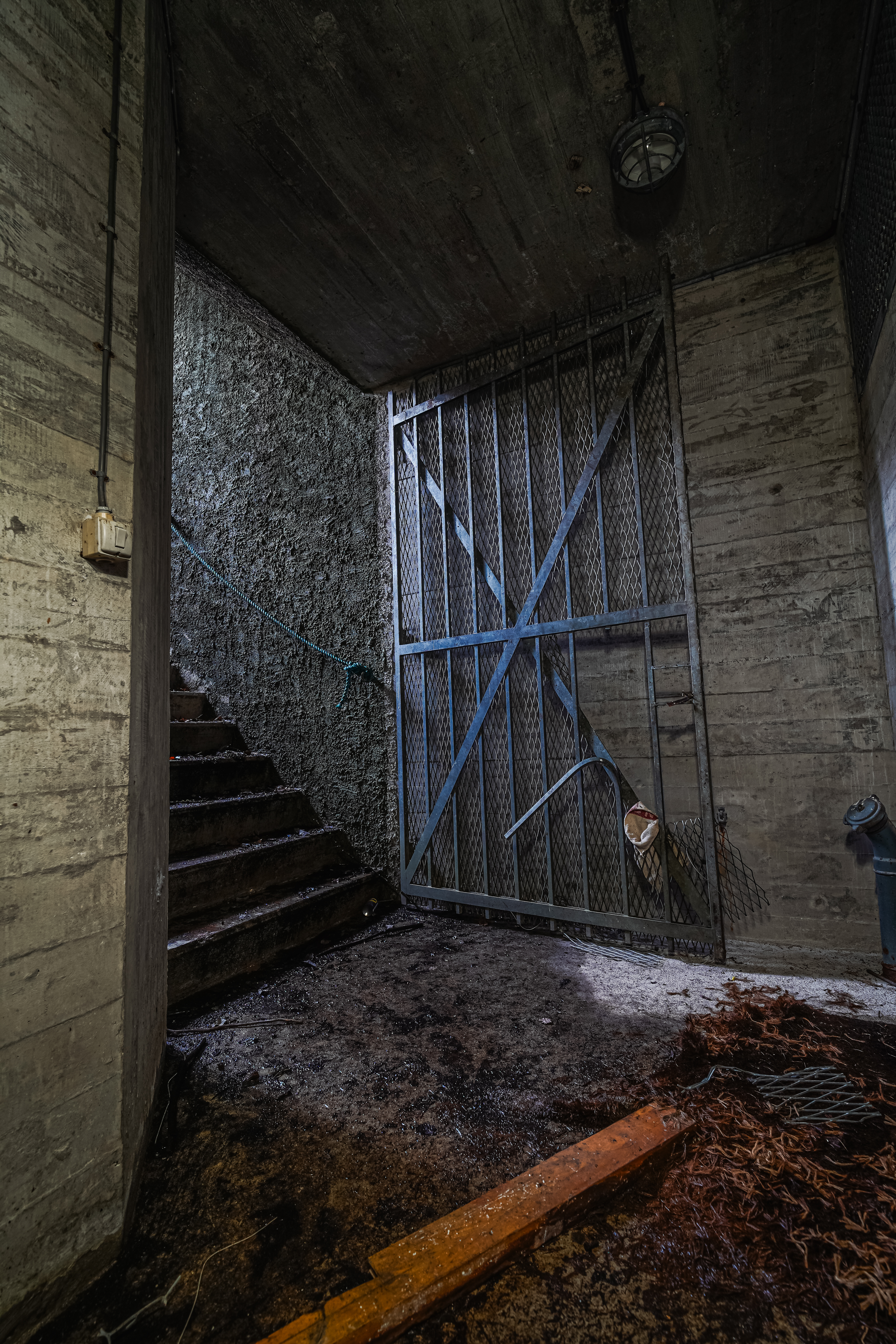 A staircase leading up to a barred gate, with rough concrete walls and a dimly lit atmosphere. The floor is littered with debris and the scene suggests neglect and mystery.