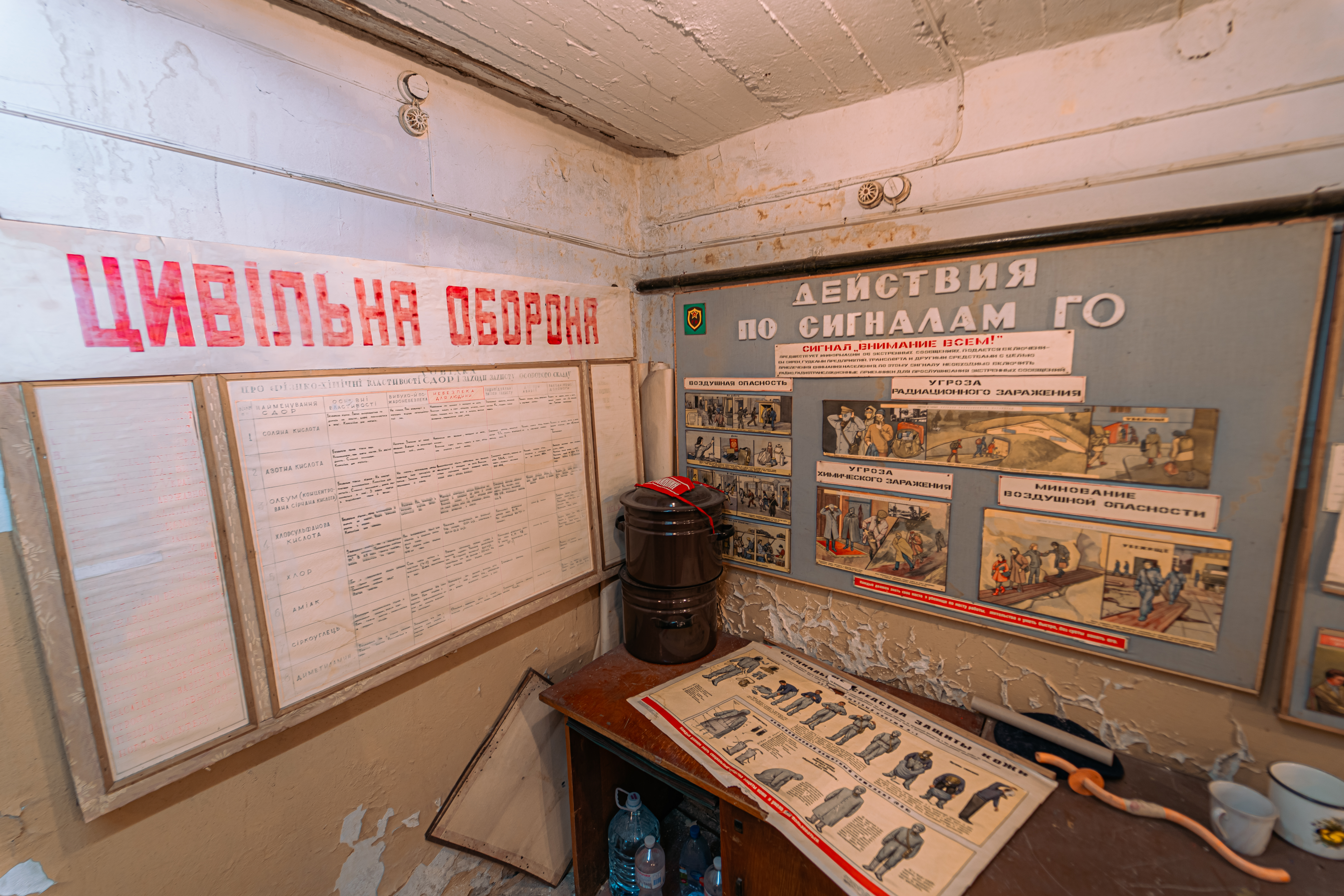 Interior of a room with civil defense posters, one large banner saying 'Цивільна Оборона', and a wooden table with jars. The walls are worn, displaying aged papers and illustrations about emergency actions.
