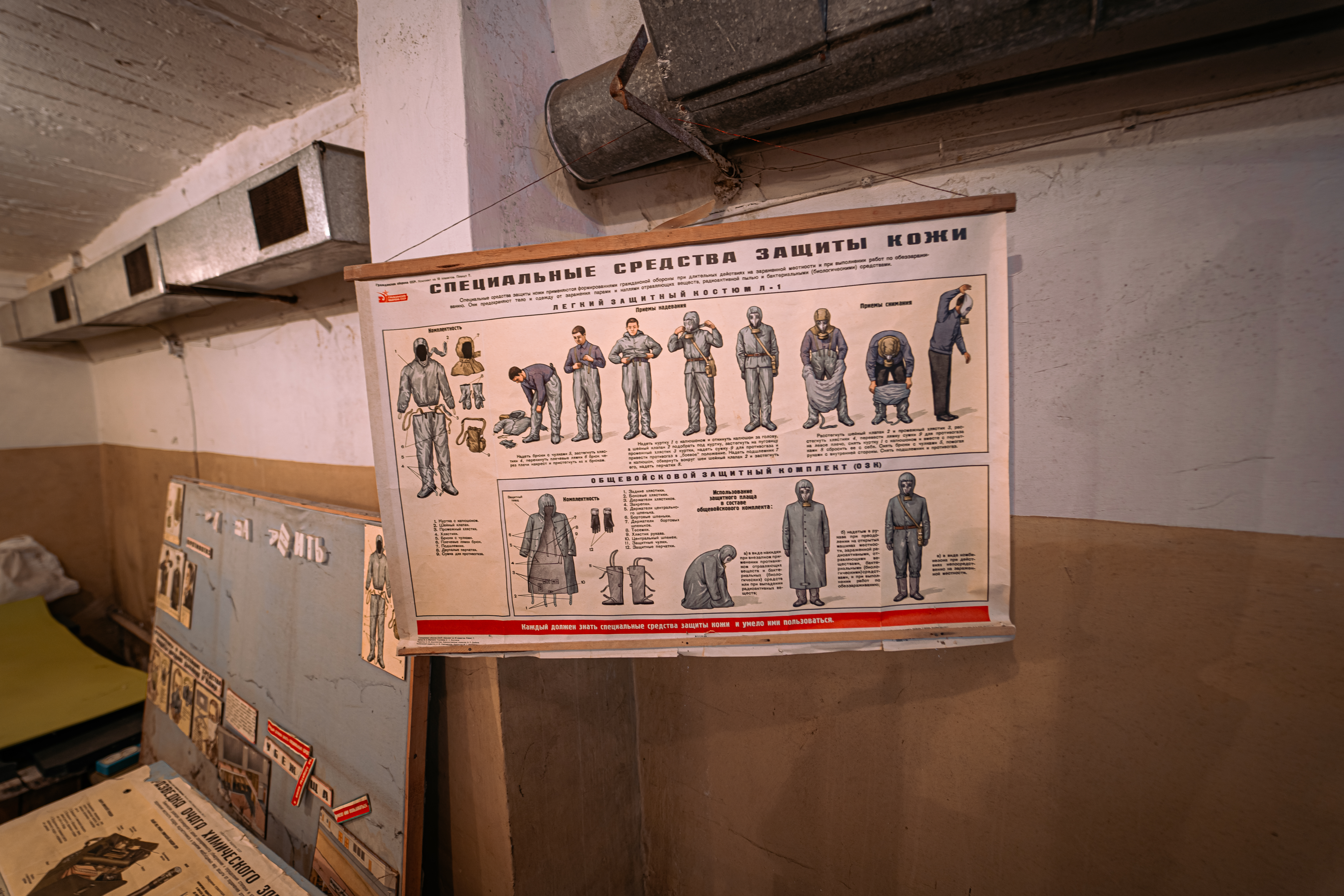 An instructional poster detailing protective gear with illustrations of individuals demonstrating how to wear each piece. The poster is mounted on a wall in a dimly lit room with old, worn furniture and scattered papers.