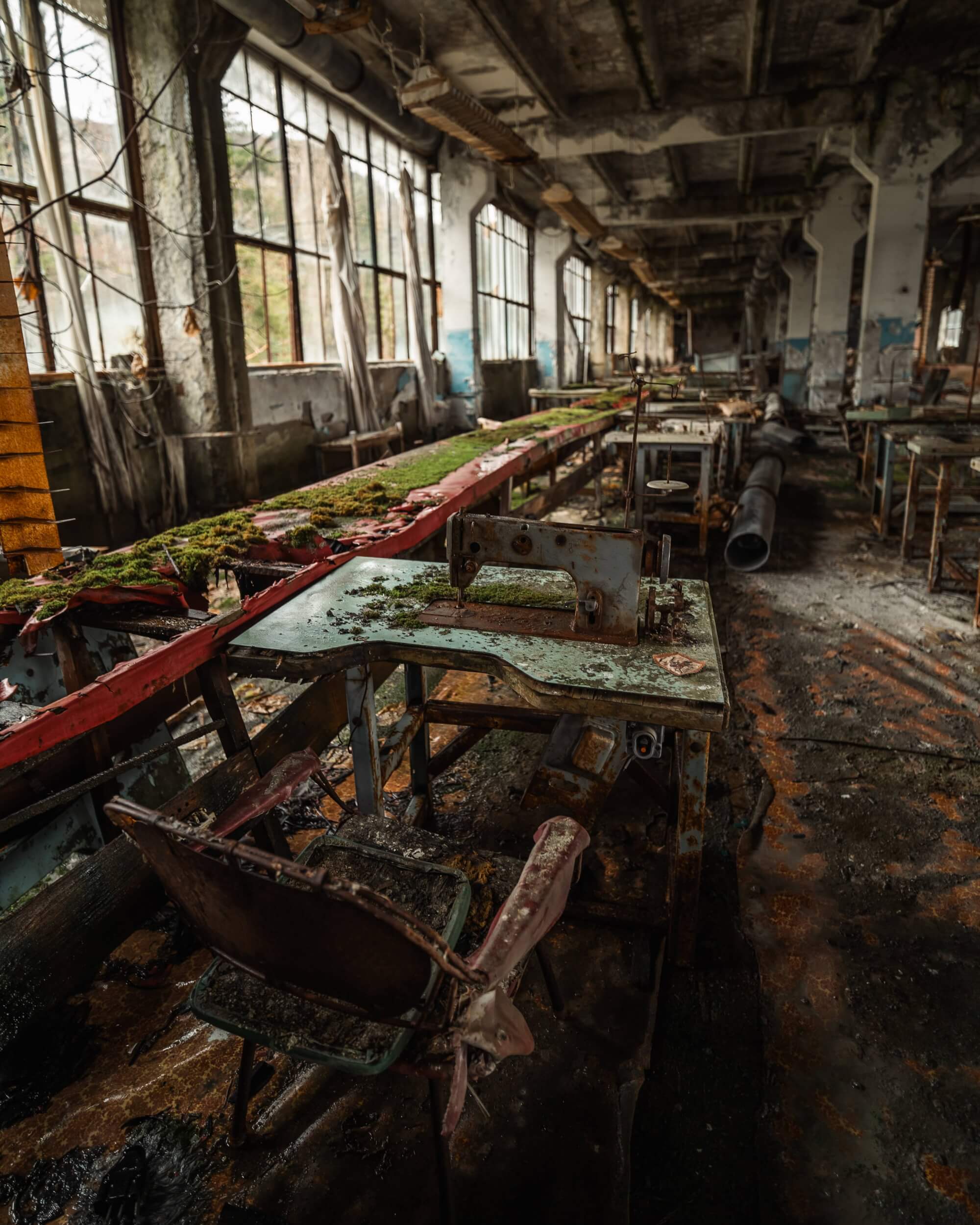 A dimly lit, abandoned factory interior featuring a long workbench covered in moss, with old machinery and metal chairs scattered throughout. Large, dusty windows allow muted sunlight to illuminate the scene, highlighting the decay and nature's reclaiming of the space.