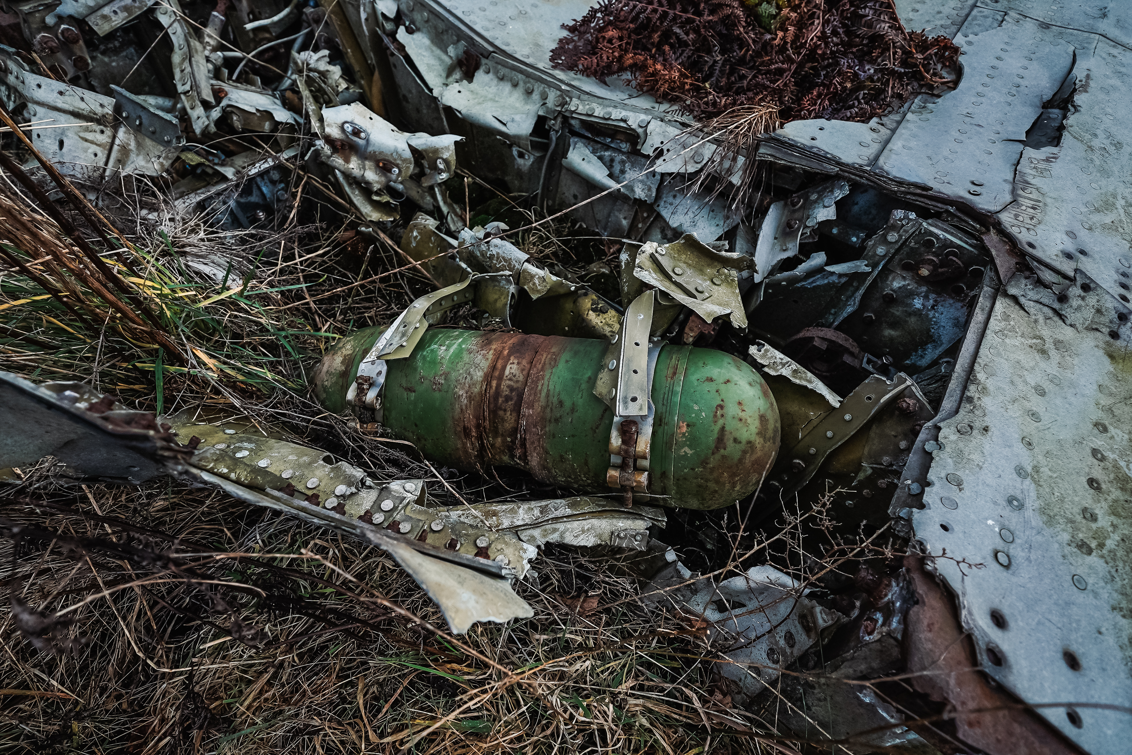 Close-up view of an aircraft wreckage featuring a green cylindrical object surrounded by rusty metal parts and overgrown vegetation.