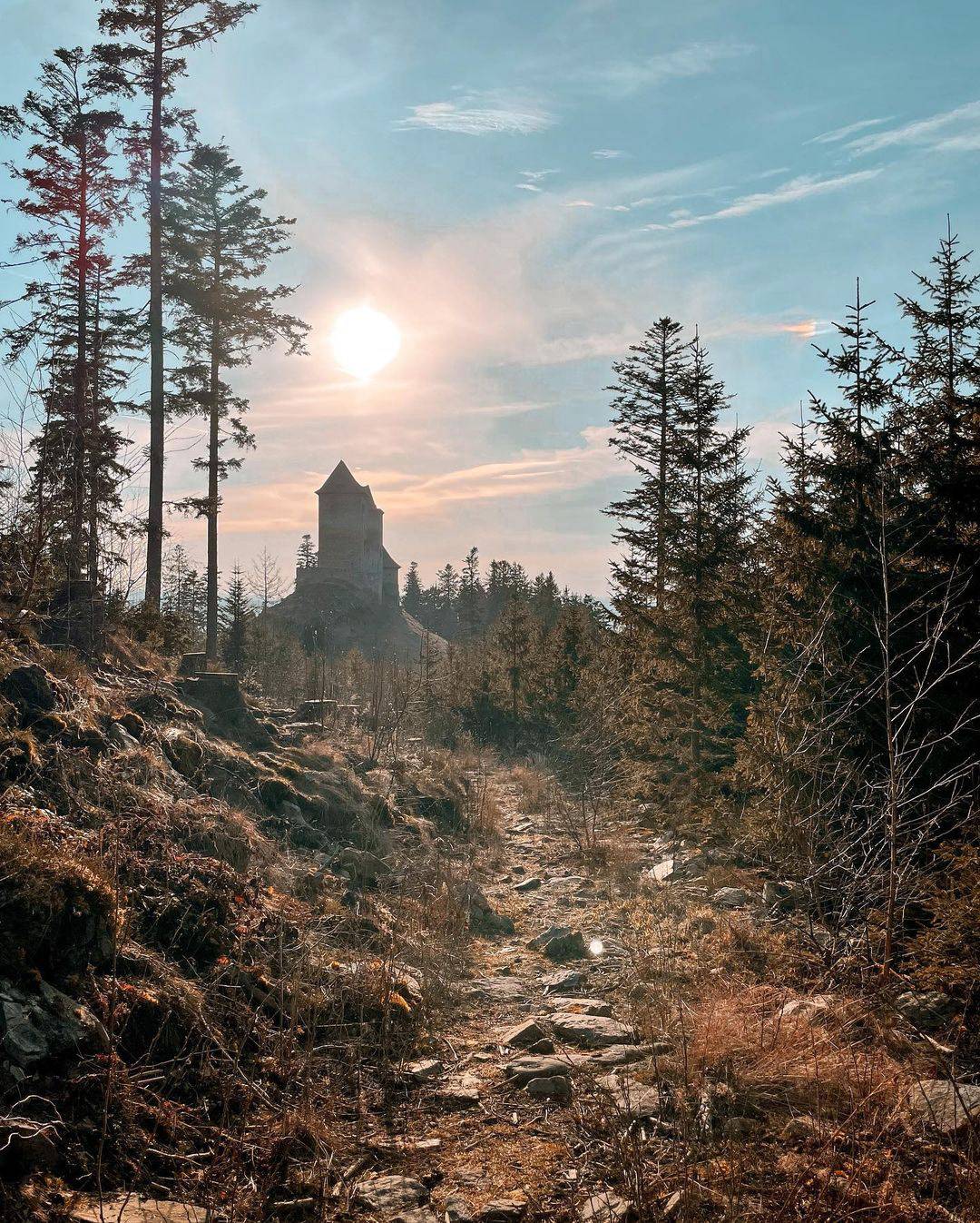 A rocky path leads through a forest, with a distant stone ruin visible under the bright sun. Tall trees frame the scene, and the sky is clear with soft clouds.