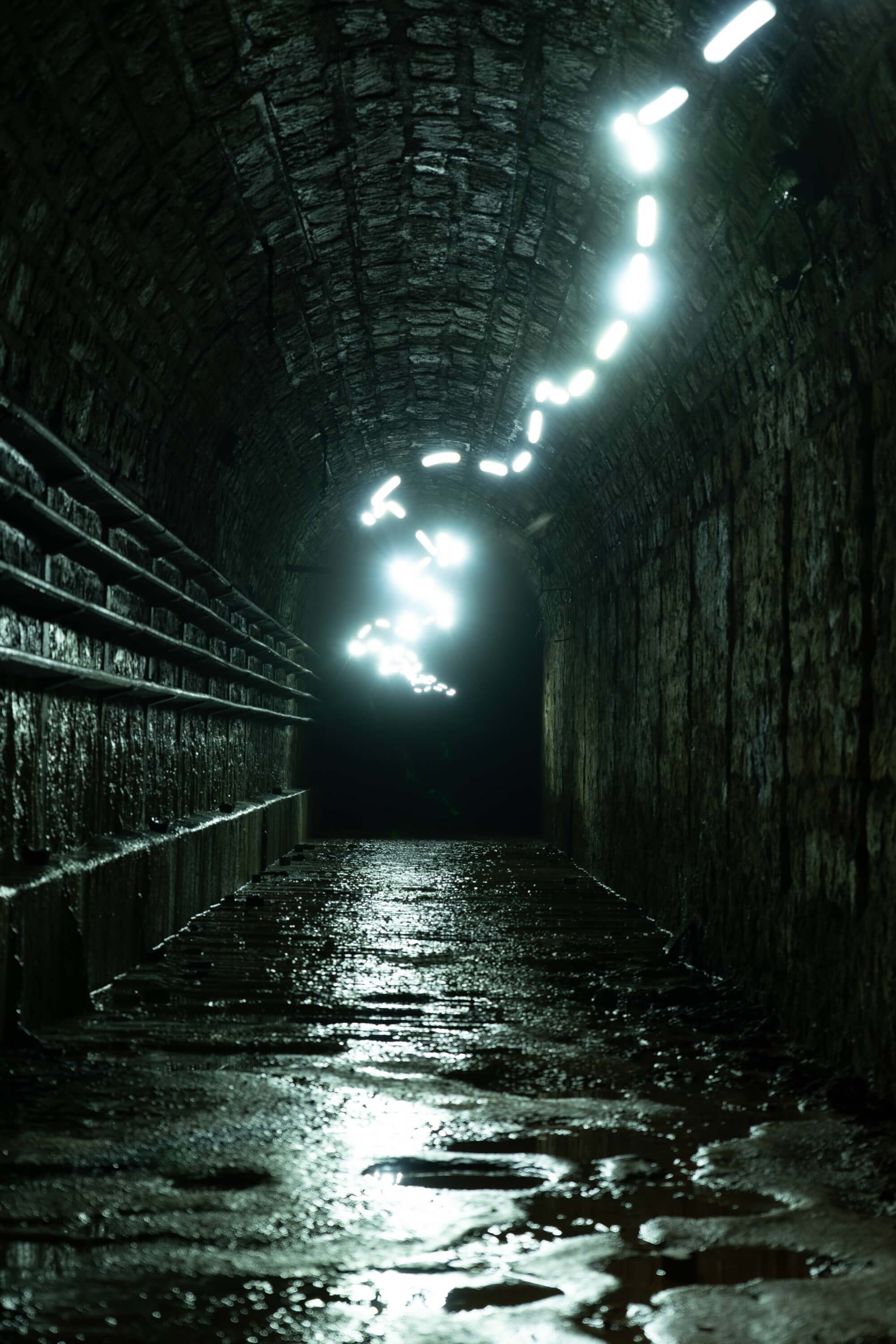 A dark tunnel with stone walls and a wet floor. Bright lights are visible in a curved pattern along the ceiling, leading into the distance.