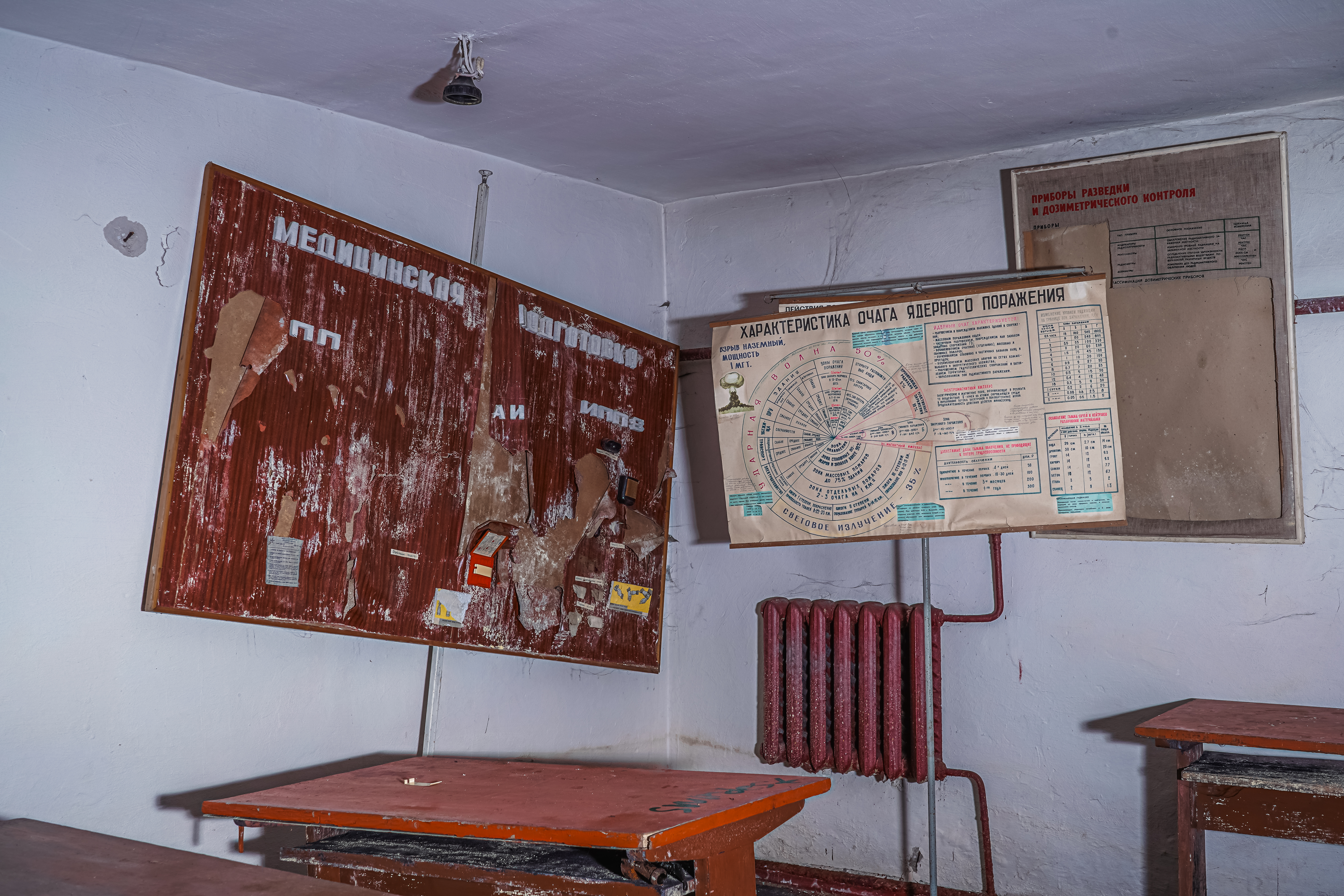 An abandoned classroom with peeling walls, featuring a damaged bulletin board and a faded poster with technical diagrams. A rust-colored radiator and wooden tables are visible, creating a sense of neglect and decay.